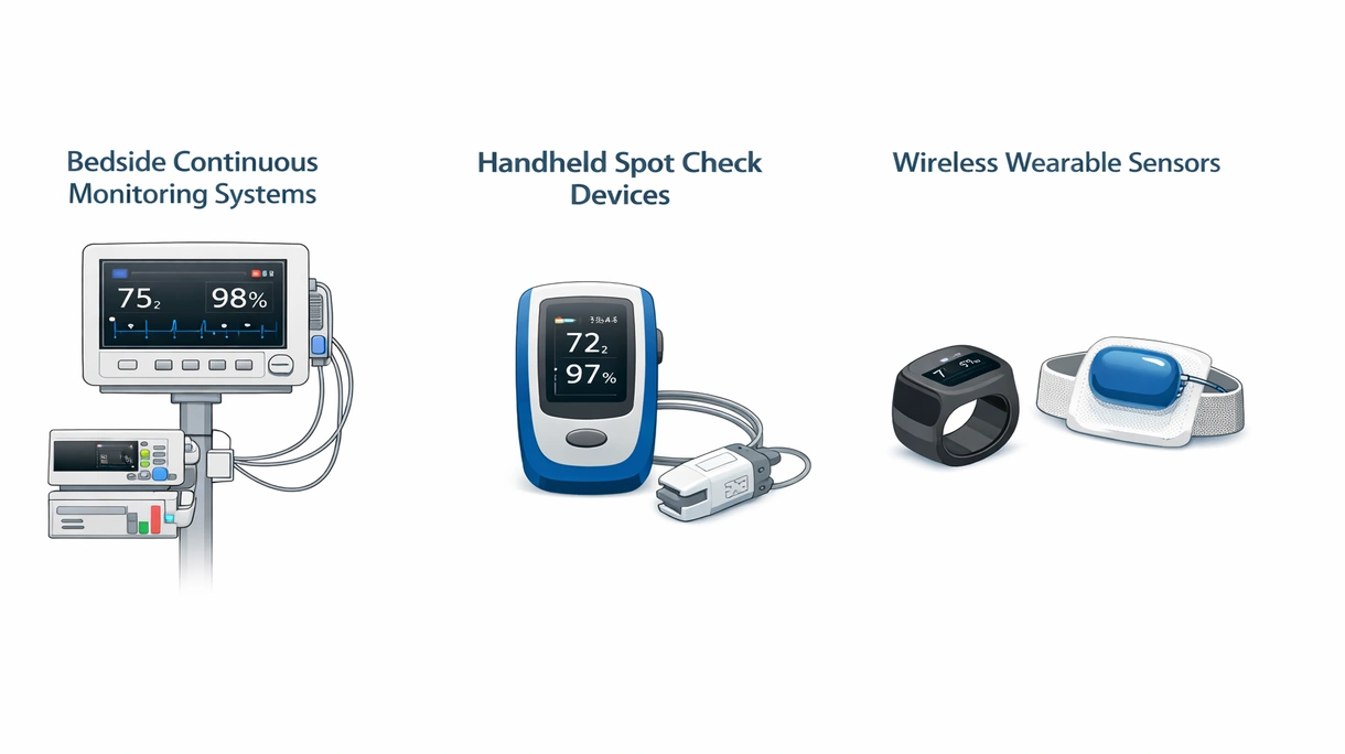 Nahaufnahme eines medizinischen Pulsoximeter-Sensors mit der Infrarot-Leuchtdiode und dem digitalen Display.