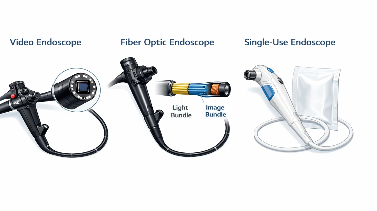 Technische Makroansicht einer distalen Endoskopspitze mit CMOS-Sensor, LED-Beleuchtung und Arbeitskanalöffnung.