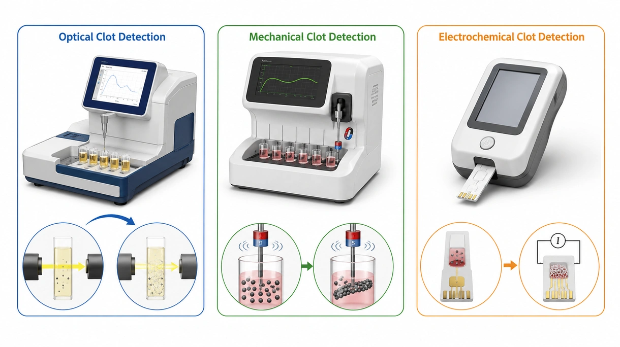 Technische Nahaufnahme einer Pipette eines Gerinnungsanalysators, die Reagenzien in Reaktionsküvetten für eine präzise Überwachung der Gerinnseldetektion abgibt.