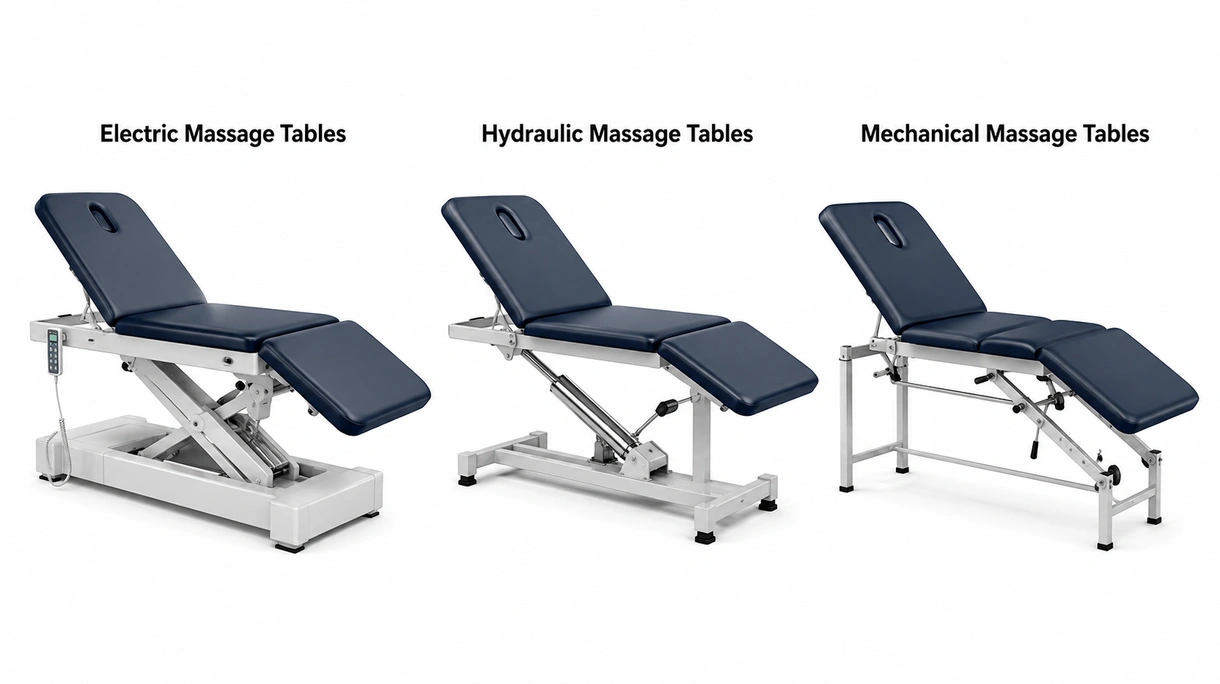 Nahaufnahme des hydraulischen Antriebs und des verstärkten Stahlrahmens einer medizinischen Massageliege, die die professionelle Konstruktion und Verarbeitung verdeutlicht.