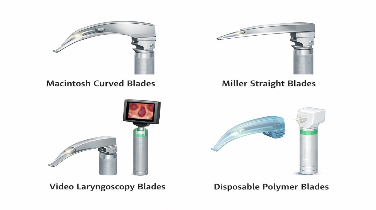 Technische Makroaufnahme der Spitze eines Glasfaser-Laryngoskopspatels mit integriertem Lichtleiter und glatter chirurgischer Oberfläche.