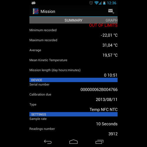 Android-Applikation / für Temperaturaufzeichner - TempNFC Ent - Tecnosoft SRL - Management / für Temperaturmonitoring / Alarm