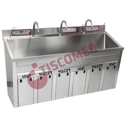 Waschbecken für OP / 3 Stationen - TOHS 1300 - Tiscomed - Edelstahl / mit Kniebedienung / mit Infrarotbedienung