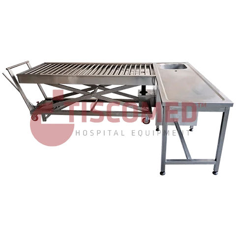 Leichenwaschungs-Tisch - TOMU 6220 - Tiscomed - L-förmig / hydraulisch / Edelstahl