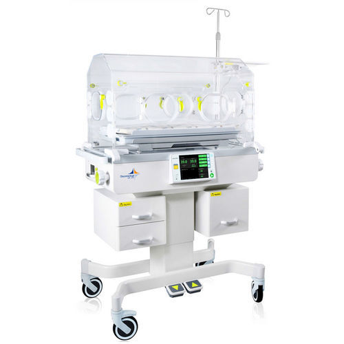 Neugeboreneninkubator auf Rollen - D-555 - DISPOMEDICAL - höhenverstellbarer / mit Touchscreen / mit Monitor