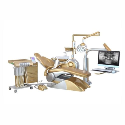 Dentale Behandlungseinheit / mit elektrisch bedientem Stuhl - M9+ - chengdu  kangjie medical instrument Co.,Ltd - mit flexiblem Kopfstück / mit Monitor / mit Hygienesystem