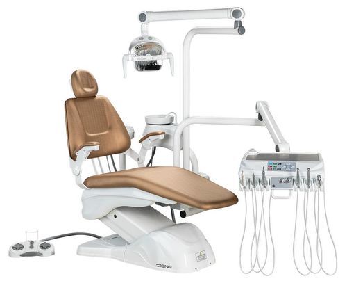 Dentaleinheit mit elektrisch bedientem Stuhl - Siena - Olsen Industry - mit flexiblem Kopfstück / mit Monitor / mit Instrumententräger