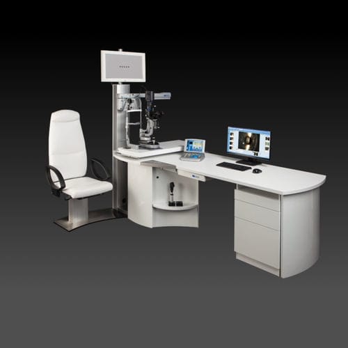 Ophthalmische Arbeitsstation - HS-1410 - Haag-Streit Diagnostics - mit Stuhl / mit Regal / mit Monitor