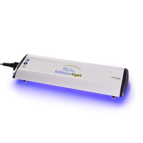 Phototherapielampe für Neugeborene - Bilibluelight - Heinen und Löwenstein - auf Wiege montiert / Blaues Licht