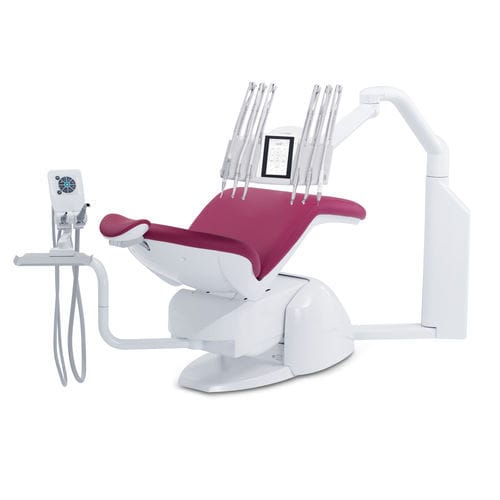 Dentaleinheit mit elektrisch bedientem Stuhl - PACIFIC-ambidetre - Airel-Quetin - beidhändig / mit Instrumententräger / rot