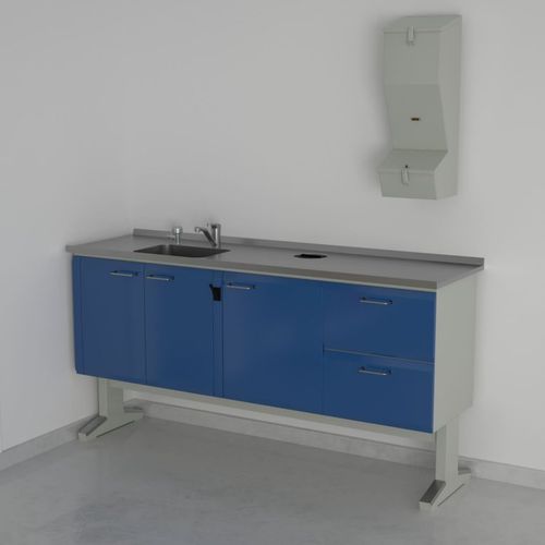 Arbeitsplatz für Dentallabors / mit Waschbecken - D(5)+6(29X40)DX+14+10+1, E59  - ERIO - mit Regal / mit Schubladen / Edelstahl