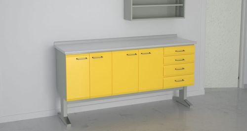 Arbeitsplatz für Dentallabors / mit Regal - 8+9+2,E57 - ERIO - mit Schubladen / Edelstahl