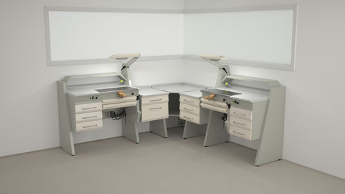 Arbeitsplatz für Dentallabors / mit Regal - SOLE1/I+SOBF+SOFT+SOANG+SOFT+SOB3+SOLE1 - ERIO - mit Licht / mit Schubladen / kompakt