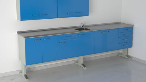 Arbeitsplatz für Dentallabors / mit Waschbecken - 9+19+4(29X34)+9+2, E57/P - ERIO - mit Regal / mit Schubladen / Edelstahl