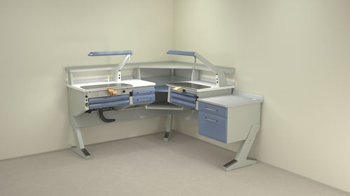 Arbeitsplatz für Dentallabors / mit Regal - PL/AR+C2+ANG+PL+BF/C - ERIO - mit Licht / mit Schubladen / doppelt