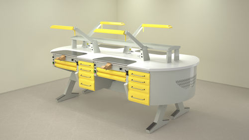 Arbeitsplatz für Dentallabors / mit Regal - L(31)+PL/AR+C4+PL/AR+C4+L(31)  - ERIO - mit Licht / mit Schubladen / freistehend