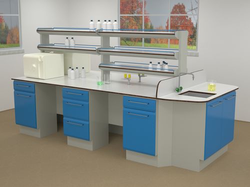 Arbeitsplatte für Labor / mit Waschbecken - ERIO - freistehend / Halbinsel / mit Regal