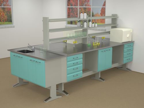 Arbeitsplatte für Labor / mit Waschbecken - ERIO - freistehend / mit Regal