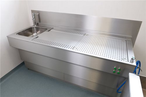 Tisch für Autopsie - LEEC  - zum Sezieren / rechteckig / mit Waschbecken