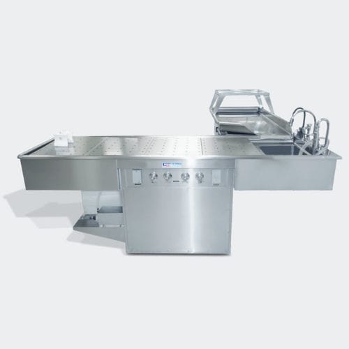 Tisch für Autopsie - DPV-L Deluxe  - Spire Integrated Solutions - L-förmig / belüftet / mit Waschbecken