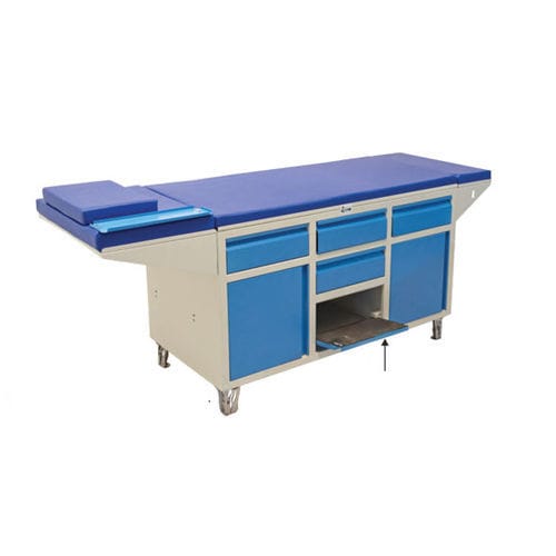 Manuelle Untersuchungsliege - 92X4 - Shree Hospital Equipments - mit Stauraum / zweiteilig / blau