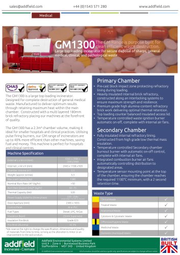 Addfield GM1300 Medical Waste Incinerator Datasheet