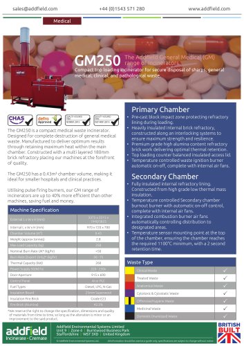 Addfield GM250 Medical Waste Incinerator Datasheet