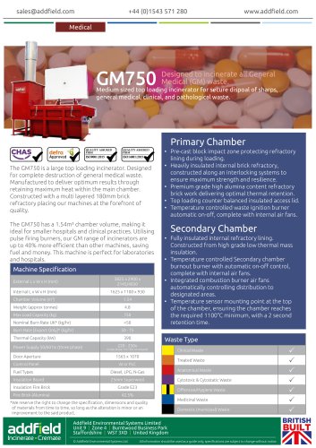 Addfield GM750 Medical Waste Incinerator Datasheet