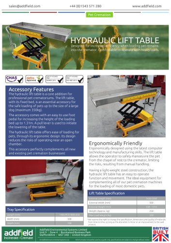 Addfield Hydraulic Lift Table Datasheet