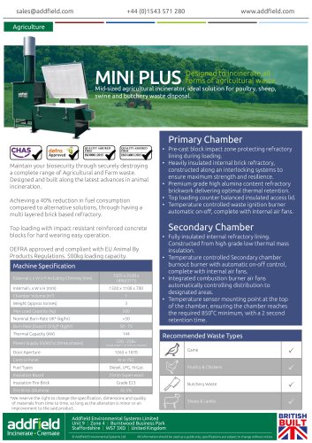 Addfield Mini PLUS Agricultural Incinerator Datasheet