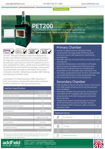 Addfield PET200 Pet Crematorium Machine Datasheet