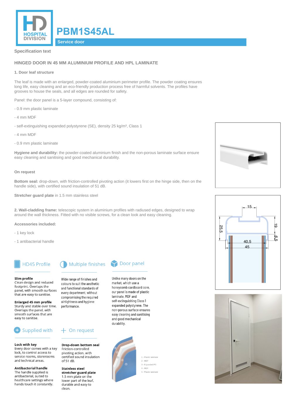 Service doors. PBM1S45AL &ndash; profile 45 mm - HOSPITAL DIVISION
