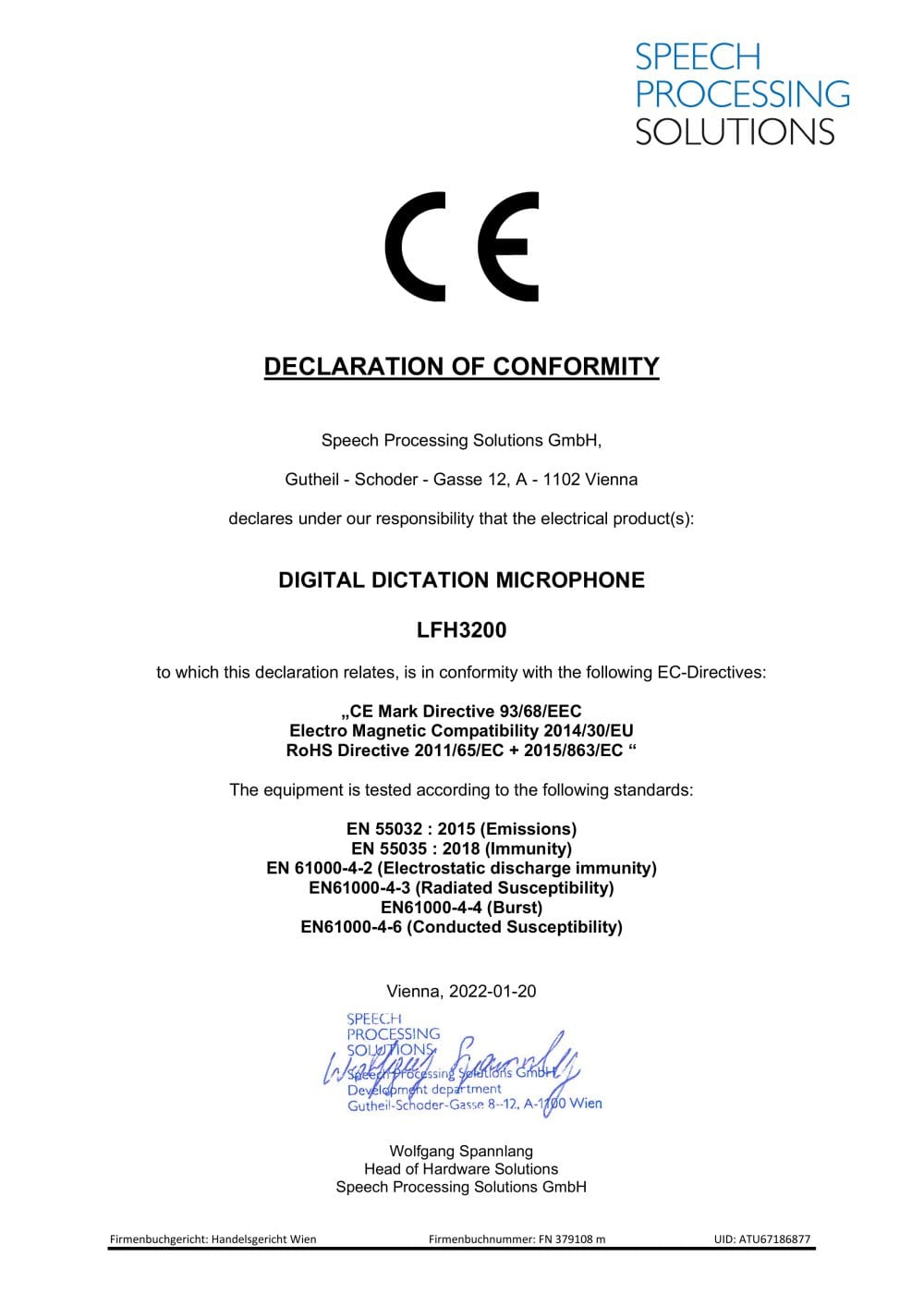 DECLARATION OF CONFORMITY  LFH3200  - Philips Dictation
