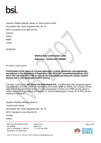 MDD/93/42 EC Certificate and NB’s Confirmation Letter for extension according to (EU) 2023/607