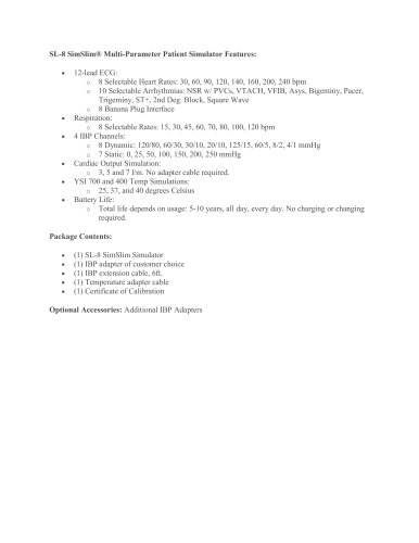 SL-8 SimSlim Multi-Parameter Patient Simulator Features