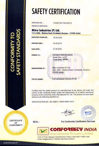 Double Pan Balance - Safety Certificate