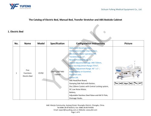 The Catalog of Transfer Stretcher, Electric Bed, Manual Bed and ABS Bedside Cabinet-Yufeng Medical