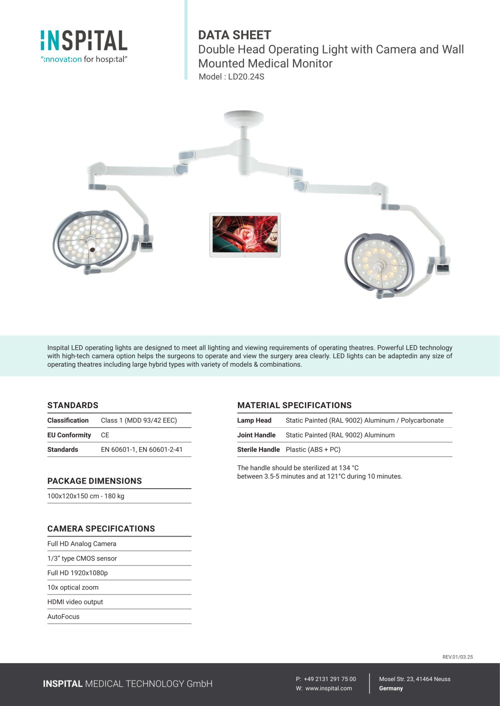 Double Head Operating Light with Camera and Wall Mounted Medical Monitor  Model : LD20.24S - Inspital Medical Technology