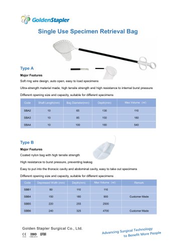 GoldenStapler SBA2 Laparoscopic surgery retrieval pouch