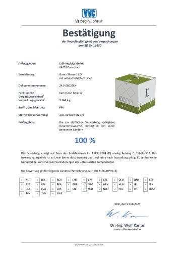 Intelsius Green Therm 14 Best&auml;tigung der Recyclingf&auml;higkeit