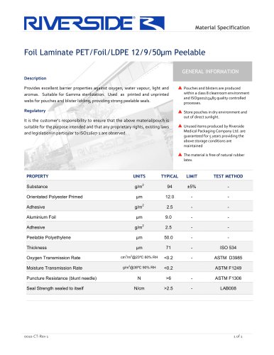Foil Laminate PET/Foil/LDPE 12/9/50µm Peelable