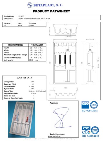 V.107/4 Datasheet Tray for 4 veterinarian syringe