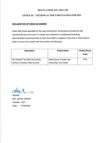 Declaration of Innocuousness for PPE Product