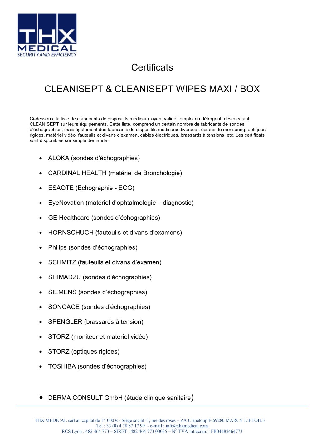 Certificats CLEANISEPT & CLEANISEPT WIPES MAXI / BOX  - THX MEDICAL