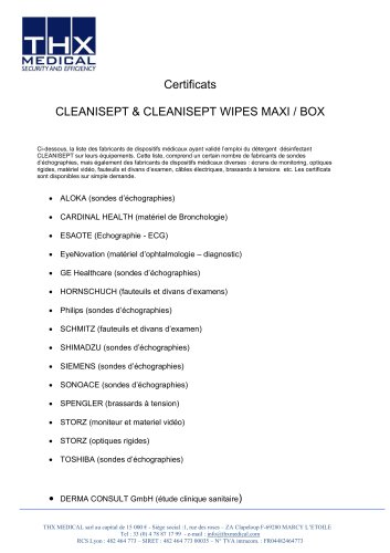 Certificats CLEANISEPT & CLEANISEPT WIPES MAXI / BOX 