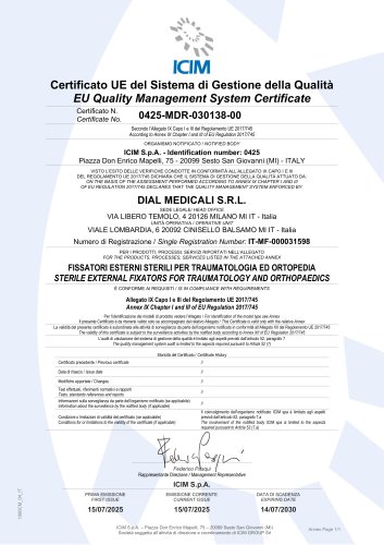 Certificato UE del Sistema di Gestione della Qualit&agrave; EU Quality Management System Certificate