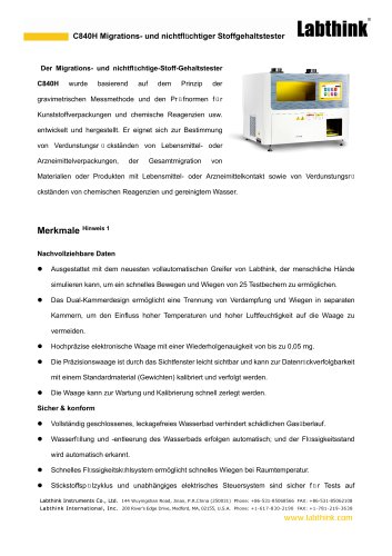 C840H Integriertes Verdunstungsr&uuml;ckstandspr&uuml;fsystem f&uuml;r Pharmazeutika &ndash; Trocknungsverlust / Gesamtmigration