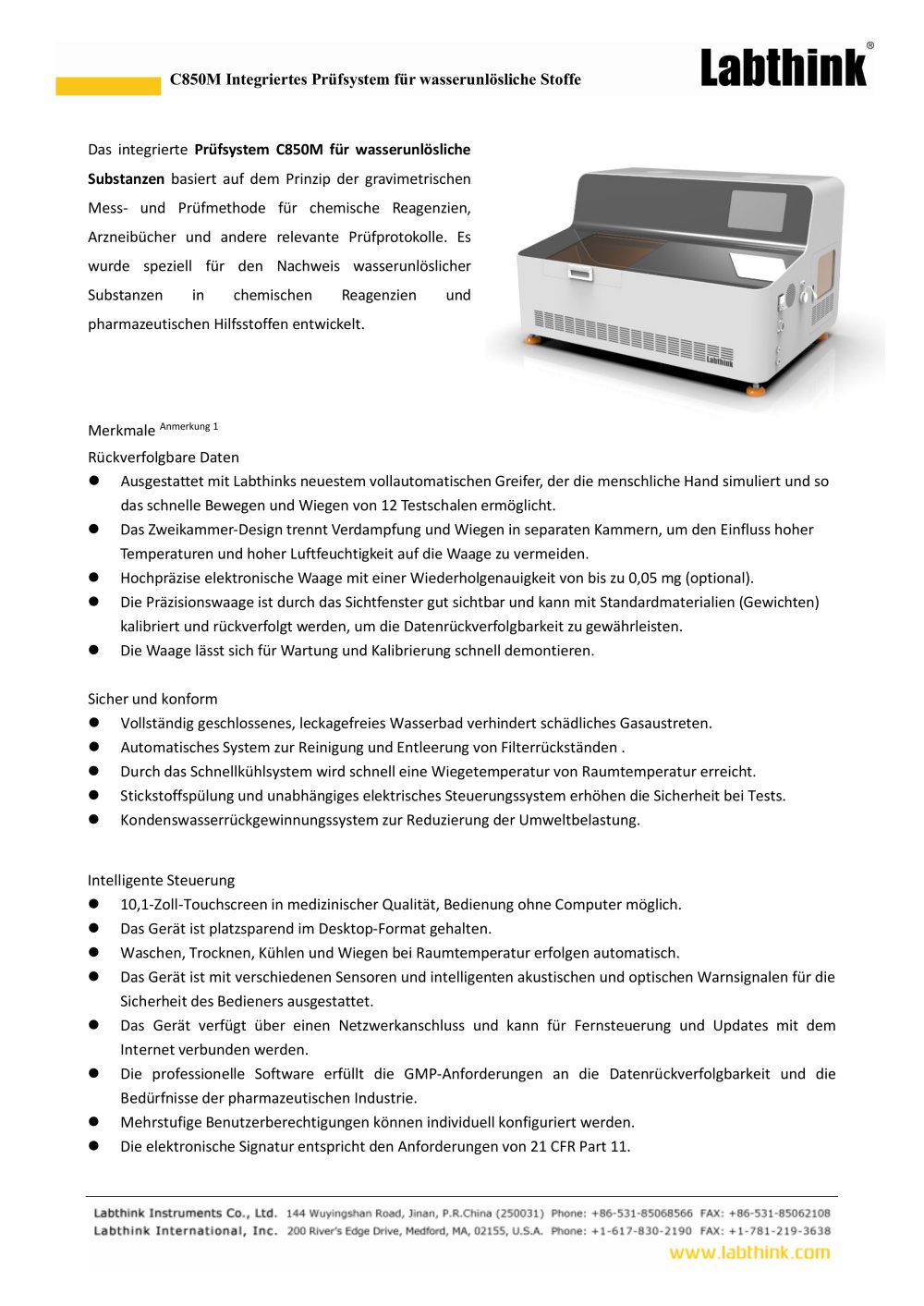 C850M Integriertes Pr&uuml;fsystem f&uuml;r wasserunl&ouml;sliche Stoffe f&uuml;r die Pharma-, Lebensmittel- und Chemieindustrie - Labthink