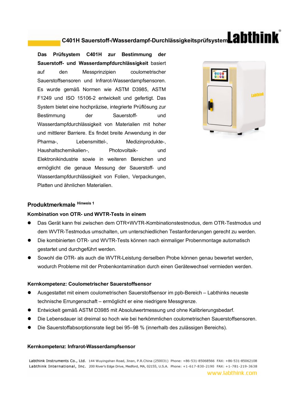 Labthink C401H Pr&uuml;fsystem f&uuml;r die Sauerstoff- und Wasserdampfdurchl&auml;ssigkeitsrate - Labthink