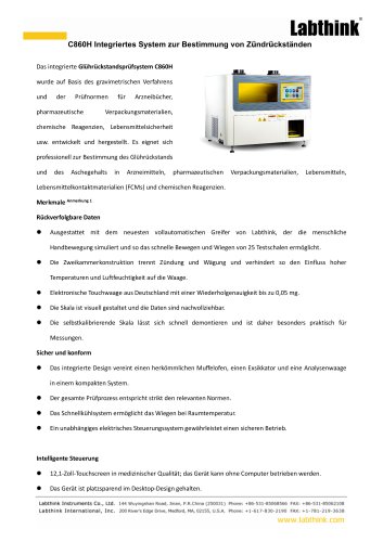 Labthink C860H Integriertes Pr&uuml;fsystem f&uuml;r Gl&uuml;hr&uuml;ckst&auml;nde / Sulfatasche in der pharmazeutischen Industrie